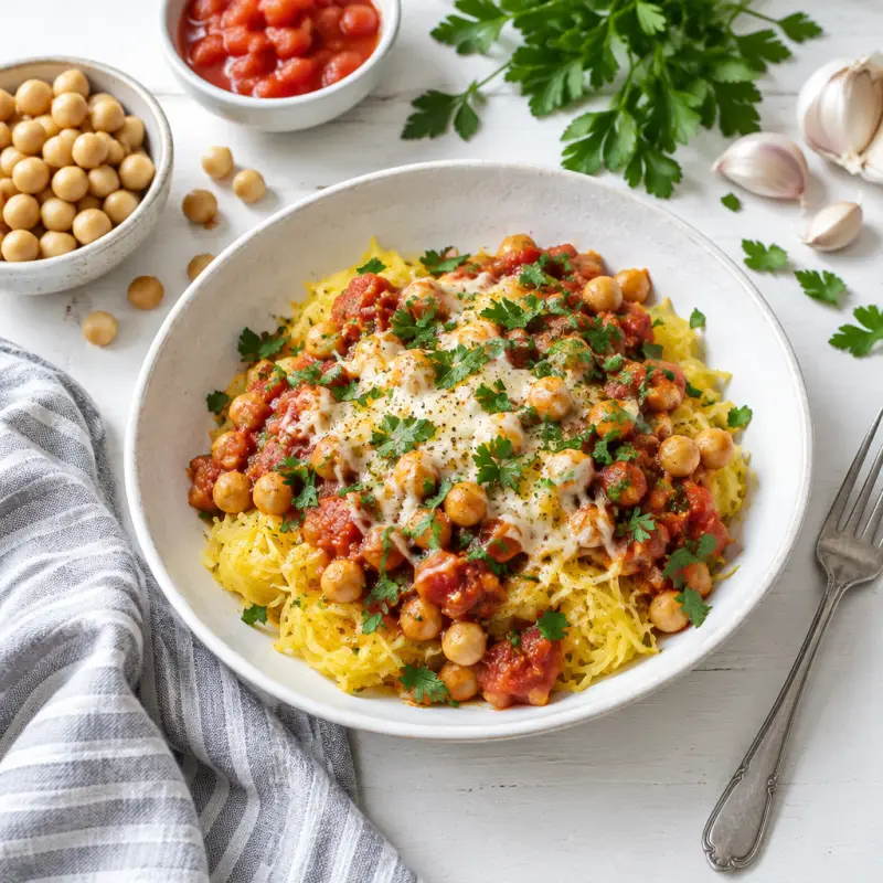 Cheesy Spaghetti Squash with Chickpea-Tomato Ragù & Parsley, plated