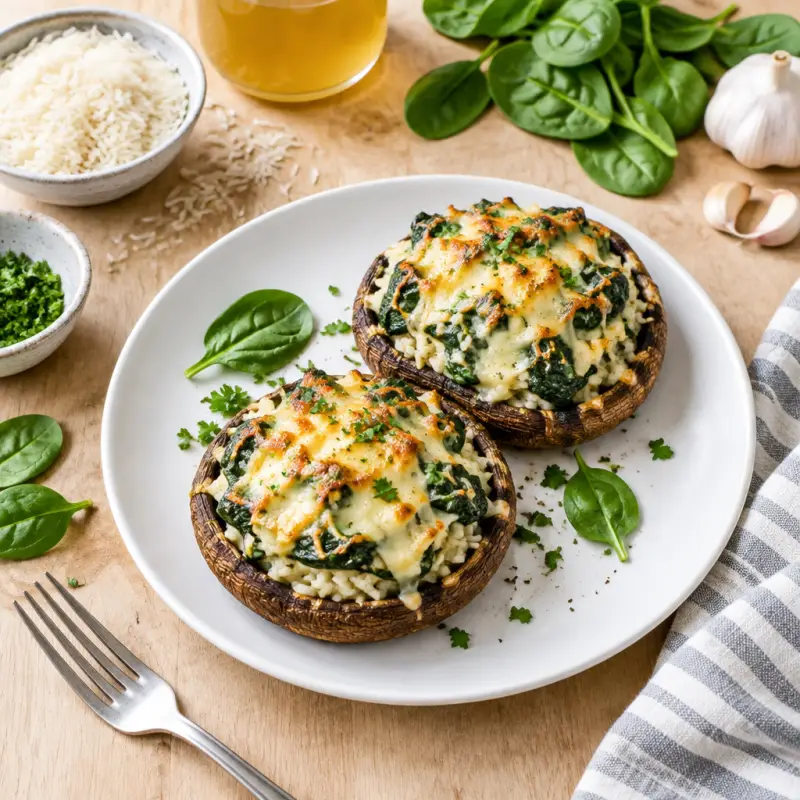 Cheesy Spinach & Rice Stuffed Portobello Mushrooms, plated
