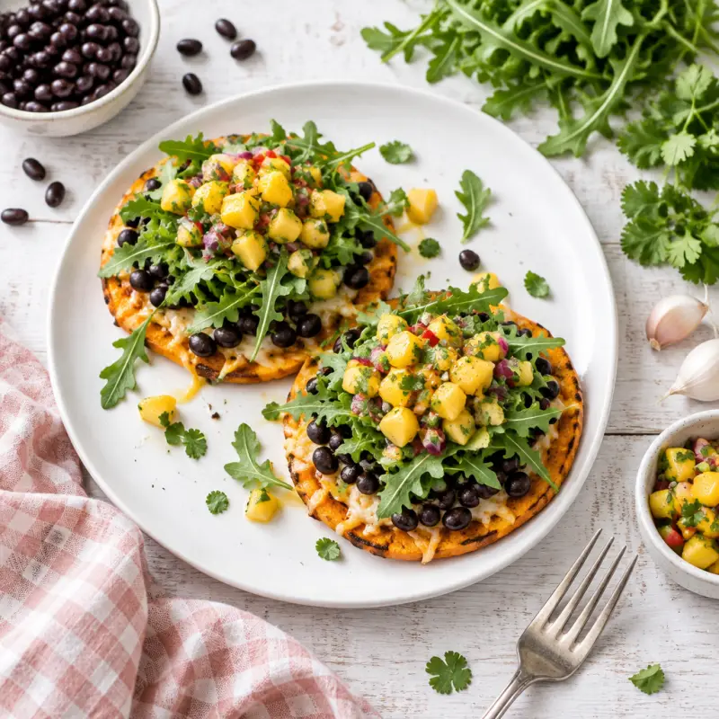 Cheesy Sweet Potato "Tostadas" with Beans, Mango Salsa & Tangy Arugula, plated