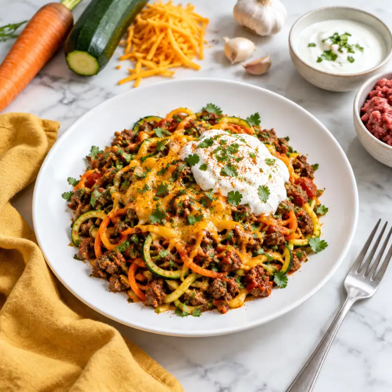 Cheesy Tex-Mex Beef, Carrot & Zucchini Noodle Skillet with Yogurt, plated