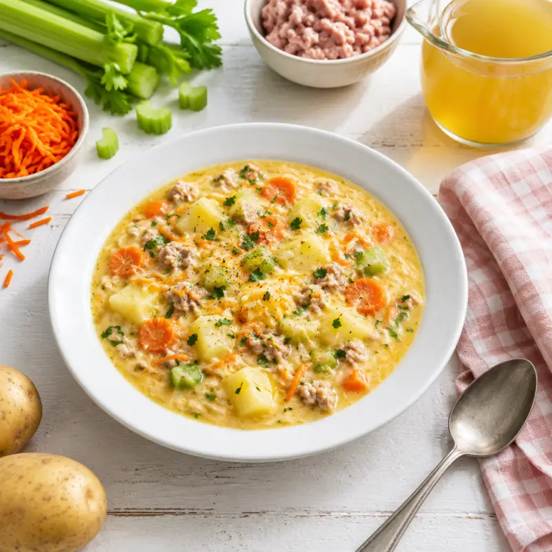 Cheesy Turkey, Potato, Carrot & Celery Soup, plated