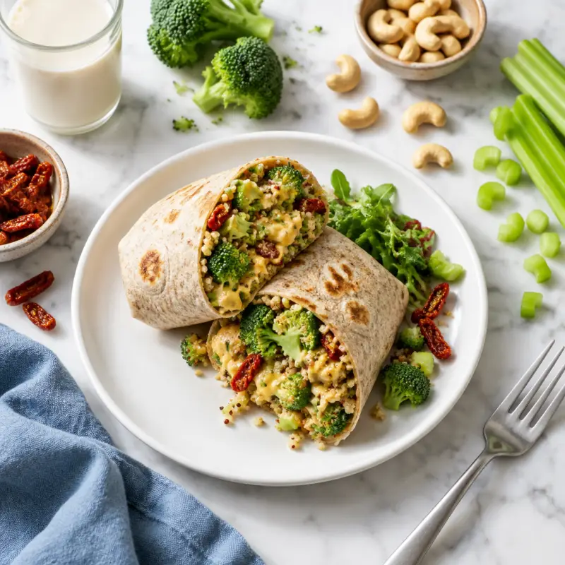 Cheesy Vegan Broccoli & Cashew Quinoa Burrito with Sun-dried Tomatoes, plated