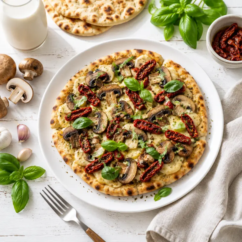 Cheesy Vegan Pizza with Mushrooms, Sun-dried Tomatoes & Basil, plated