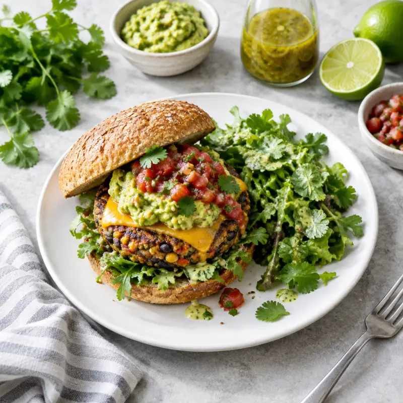 Cheesy Veggie Burger with Guacamole, Salsa & Lime-Cilantro Greens, plated
