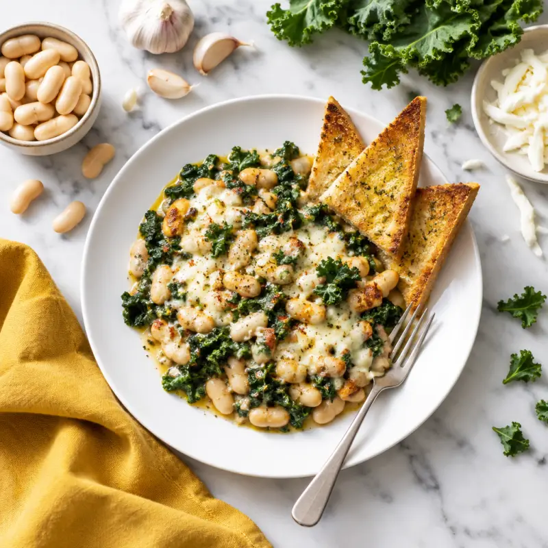 Cheesy White Bean & Kale Skillet with Toast Points, plated