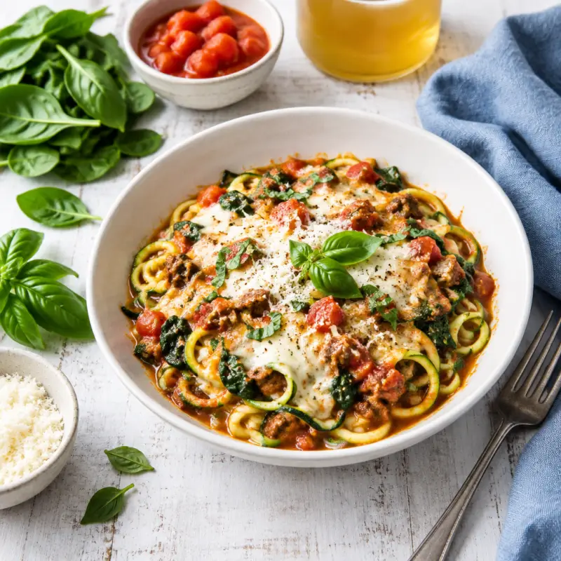 Cheesy Zucchini Noodle Lasagna Skillet, plated