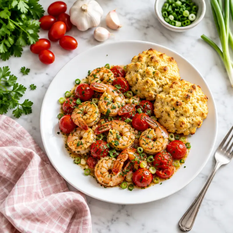 Cherry Tomato & Garlic Shrimp Sauté with Cornmeal Drop Biscuits, plated