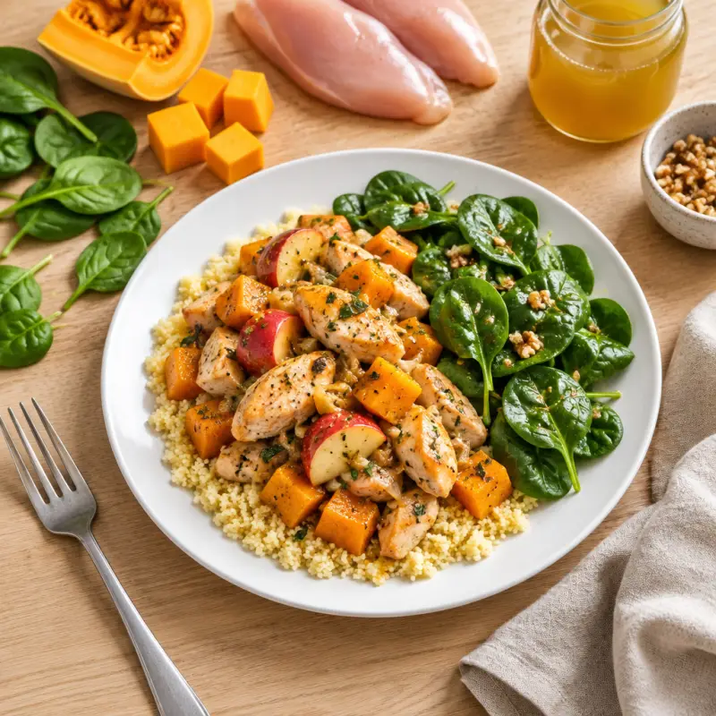 Chicken, Apple & Squash Skillet over Couscous with Spinach Salad, plated