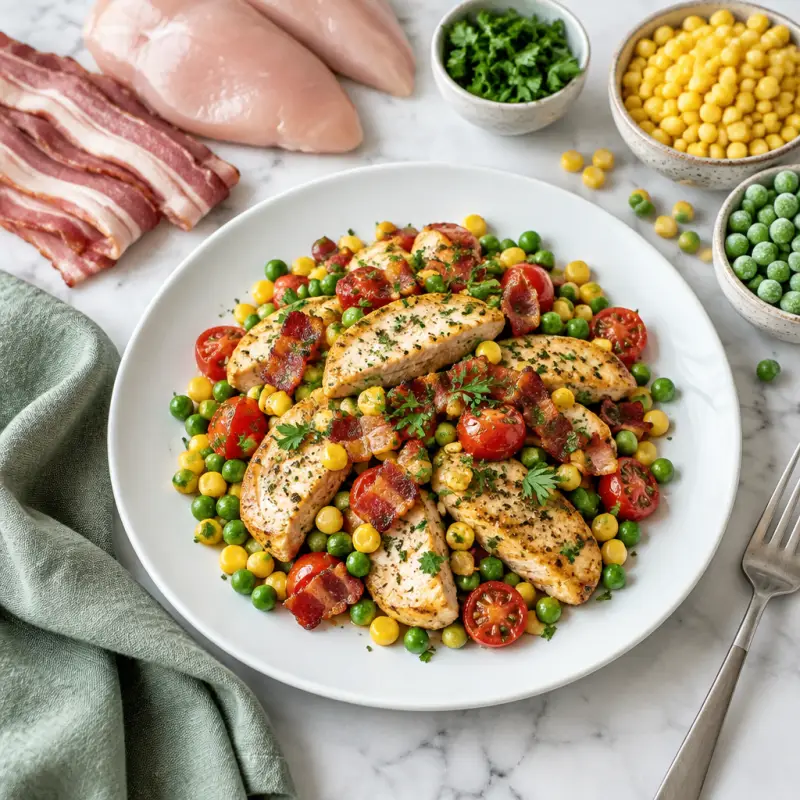 Chicken-Bacon Succotash with Corn, Peas, Tomatoes & Parsley, plated
