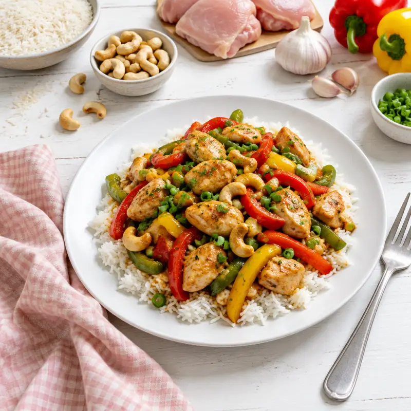 Chicken, Bell Pepper & Cashew Stir-Fry over Rice, plated