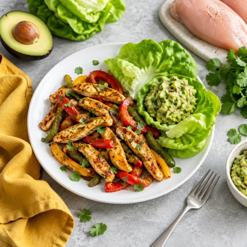 Chicken & Bell Pepper Fajitas with Guacamole & Butter Lettuce, plated