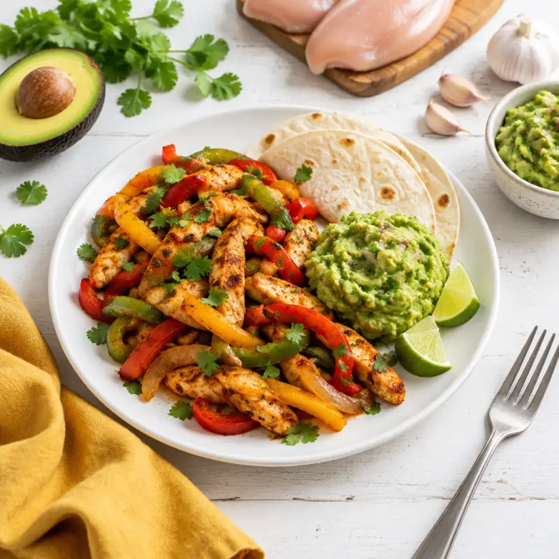 Chicken & Bell Pepper Fajitas with Guacamole, plated
