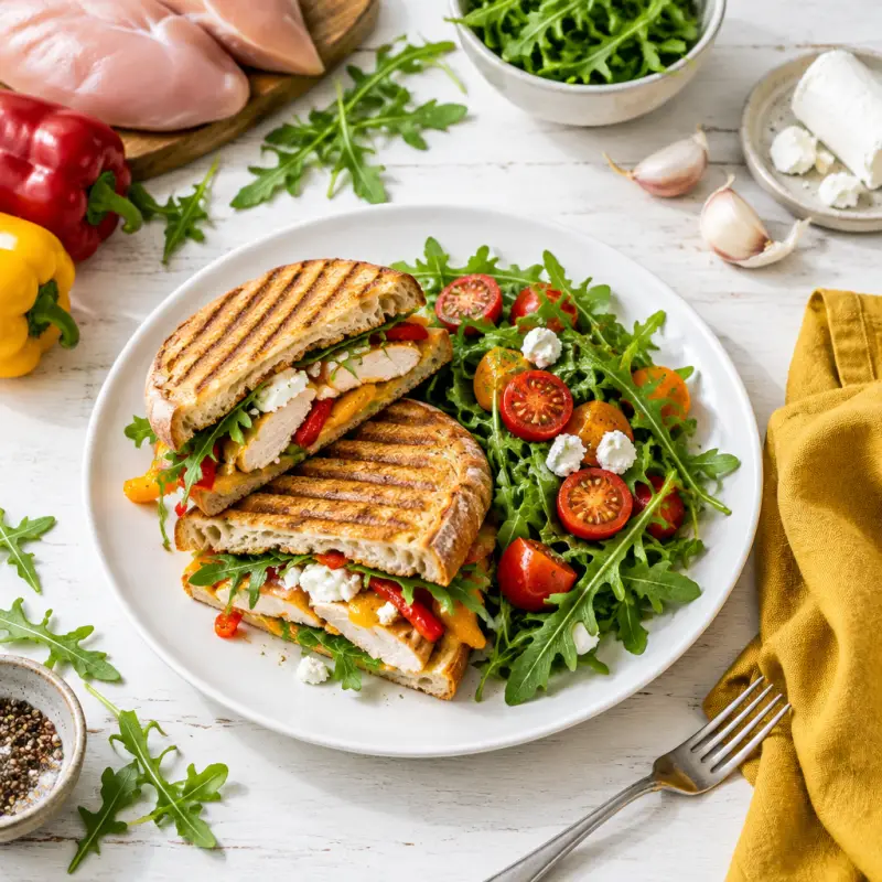 Chicken, Bell Pepper & Goat Cheese Panini with Arugula Tomato Salad, plated