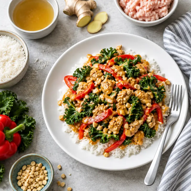Chicken, Bell Pepper & Kale Stir-Fry with Peanut Sauce over Rice, plated