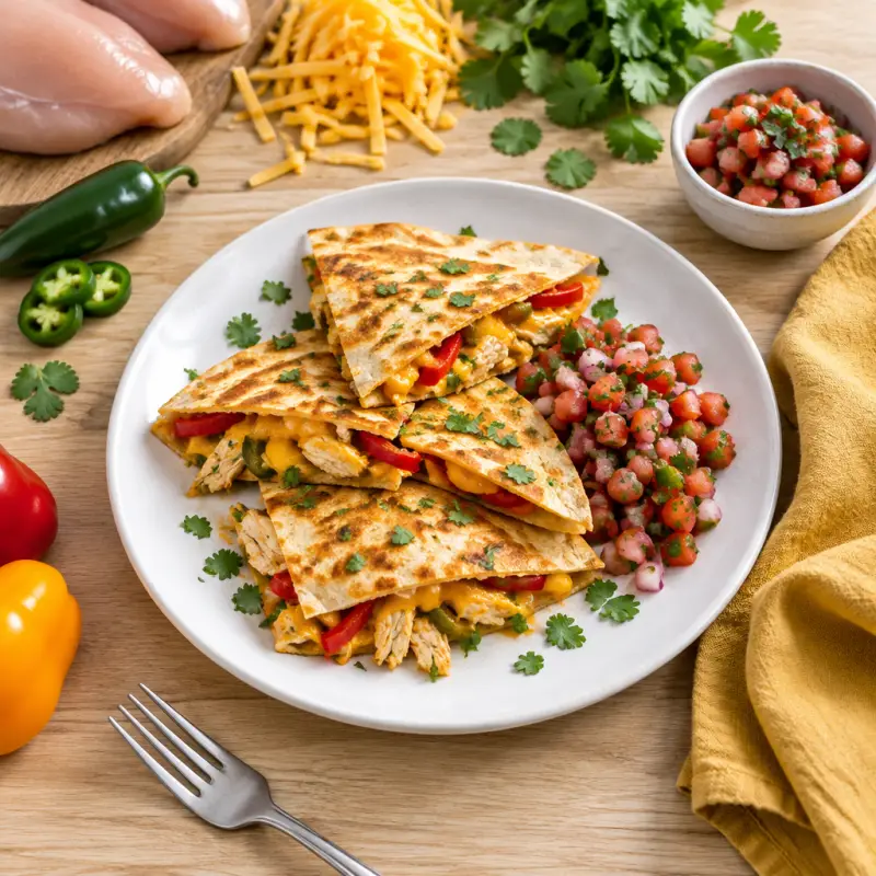 Chicken & Bell Pepper Quesadilla with Pico de Gallo, plated