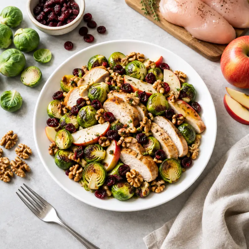 Chicken, Brussels Sprouts & Apple Salad with Toasted Walnuts & Cranberries, plated