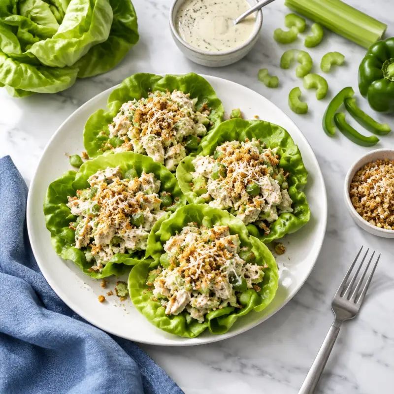 Chicken Caesar Lettuce Wraps with Parmesan & Toasted Bread Crumbs, plated