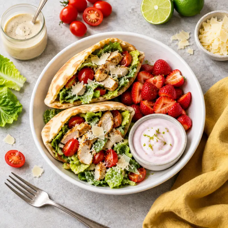 Chicken Caesar Salad Pitas with Strawberries & Lime Yogurt Dip, plated