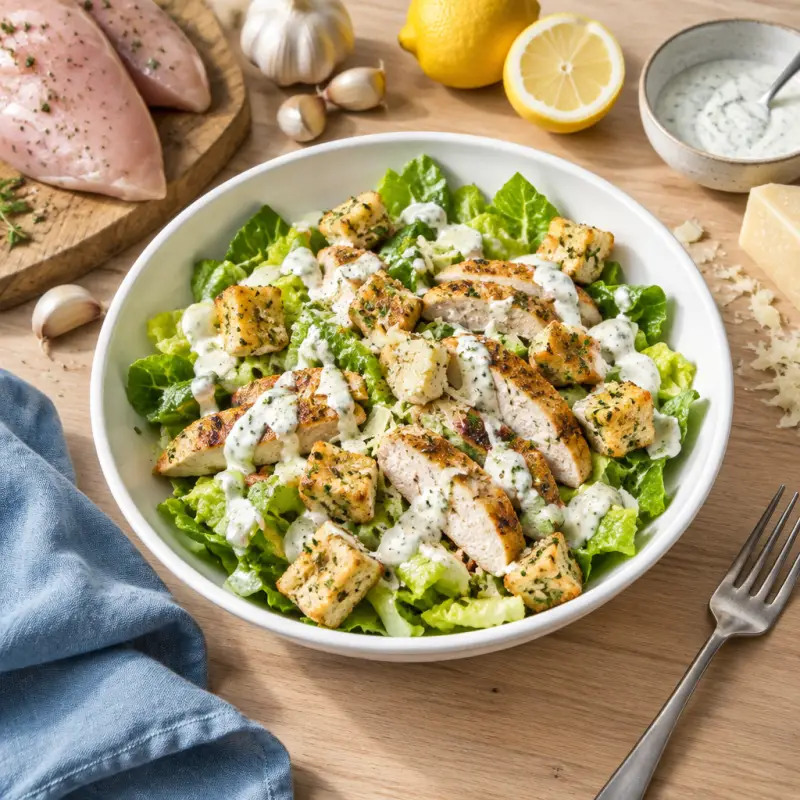 Chicken Caesar Salad with Yogurt Dressing & Garlic Croutons, plated