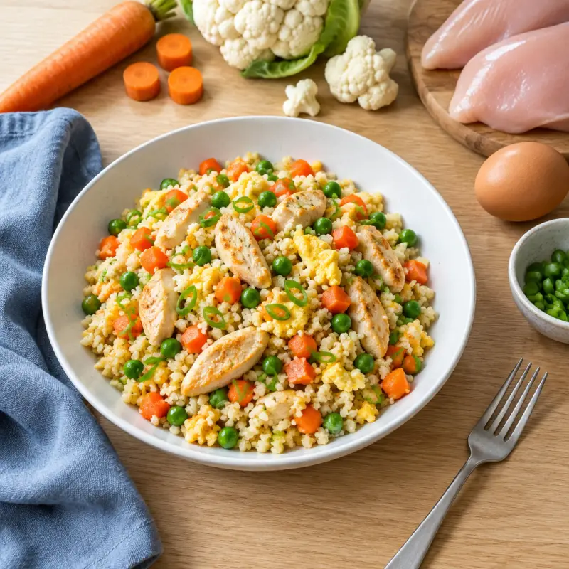 Chicken Cauliflower Fried 'Rice' with Carrots & Peas, plated