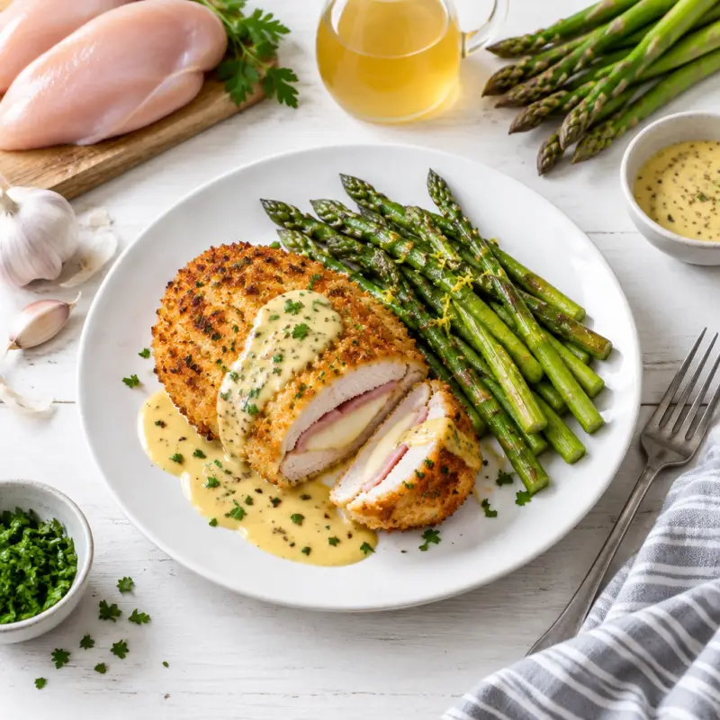 Chicken Cordon Bleu with Lemon-Dijon Sauce & Roasted Asparagus, plated