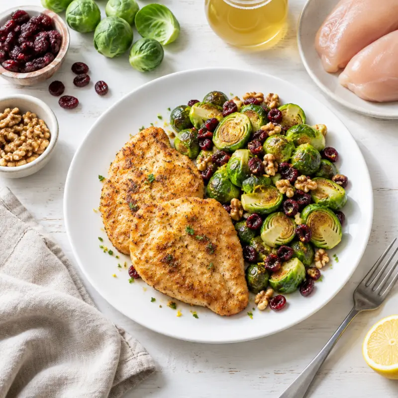 Chicken Cutlets with Lemony Brussels Sprout, Cranberry & Walnut Sauté, plated