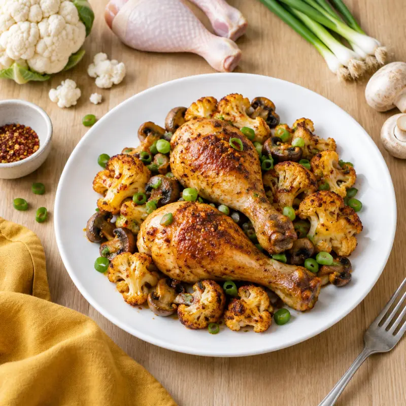 Chicken Drumsticks with Spicy Maple-Roasted Cauliflower & Mushrooms, plated