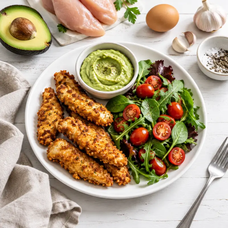 Chicken Fingers & Avocado Dip with Greens & Grape Tomatoes, plated