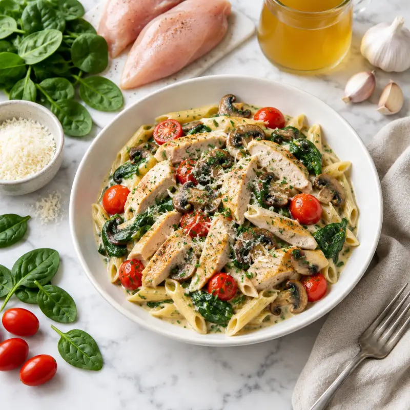 Chicken Florentine Pasta with Mushrooms, Grape Tomatoes & Spinach, plated