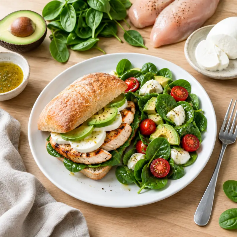 Chicken & Fresh Mozzarella Sandwich with Avocado & Spinach Salad, plated
