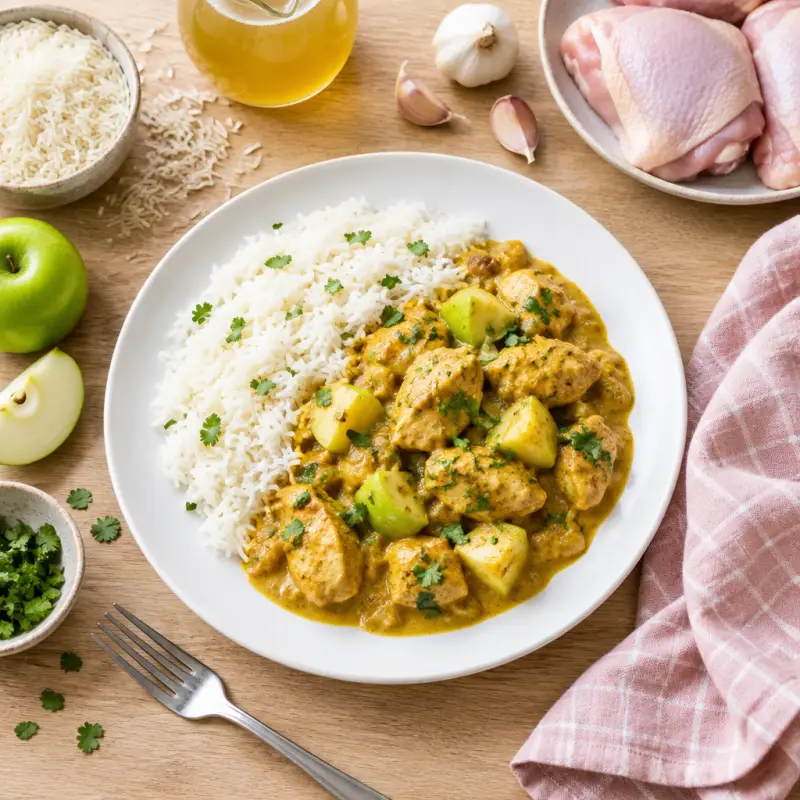 Chicken & Green Apple Curry with Basmati Rice, plated