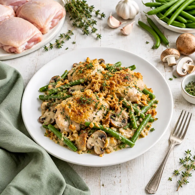 Chicken & Green Bean Casserole with Mushrooms & Thyme, plated
