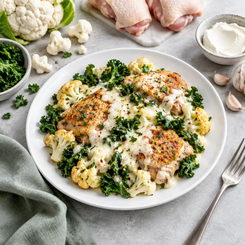 Chicken, Kale & Cauliflower Skillet with Melty Mozzarella, plated