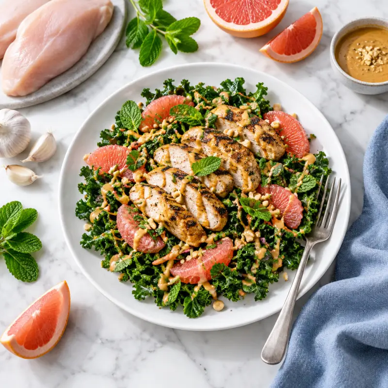 Chicken, Kale, Grapefruit & Mint Salad with Thai Peanut Dressing, plated