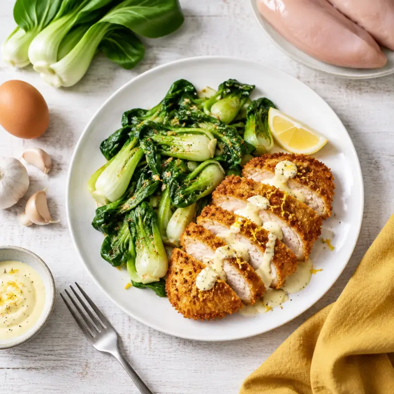Chicken Katsu with Sautéed Bok Choy & Lemon Mayo, plated