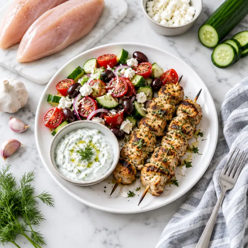 Chicken Kebabs with Greek Salad & Tzatziki Sauce, plated