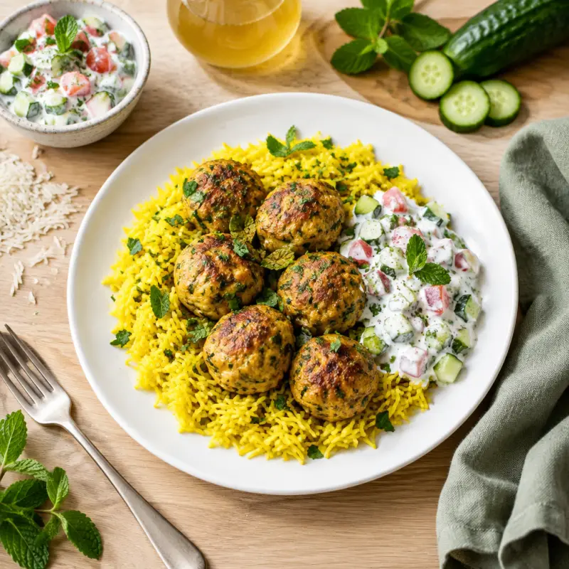 Chicken Kofta over Turmeric Rice with Cucumber, Tomato & Mint Raita, plated