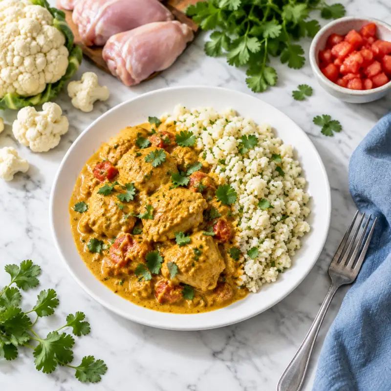 Chicken Korma with Cauliflower Rice, plated