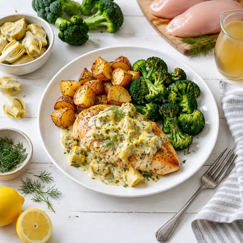 Chicken with Lemon Dill-Artichoke Sauce, Roasted Potatoes & Broccoli, plated