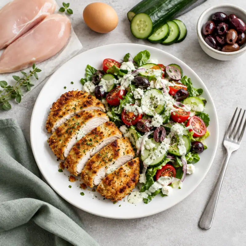 Chicken Milanese & Italian Pizzeria Salad with Creamy Oregano Dressing, plated