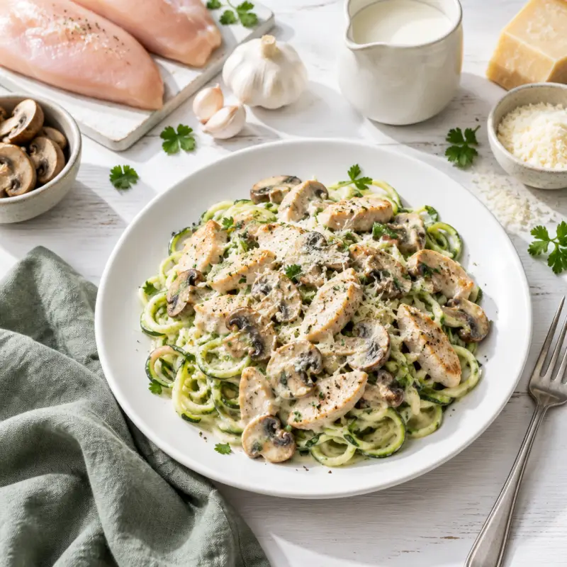 Chicken & Mushroom Alfredo over Zucchini Pasta, plated
