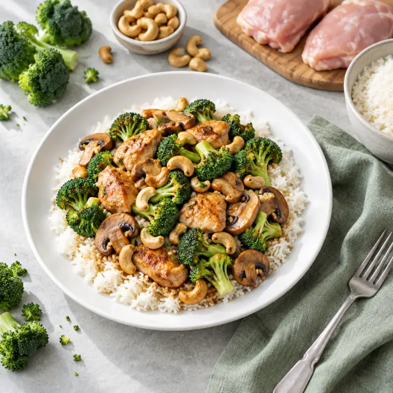 Chicken, Mushroom, Broccoli & Cashew Stir-Fry over Rice, plated
