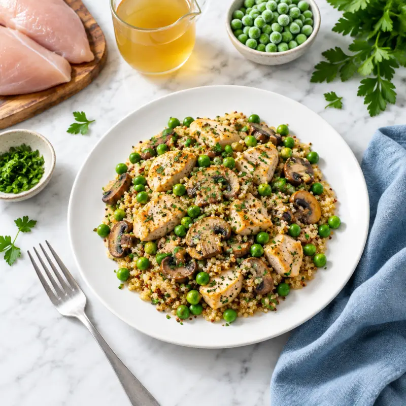 Chicken, Mushroom & Green Pea Skillet with Quinoa, plated