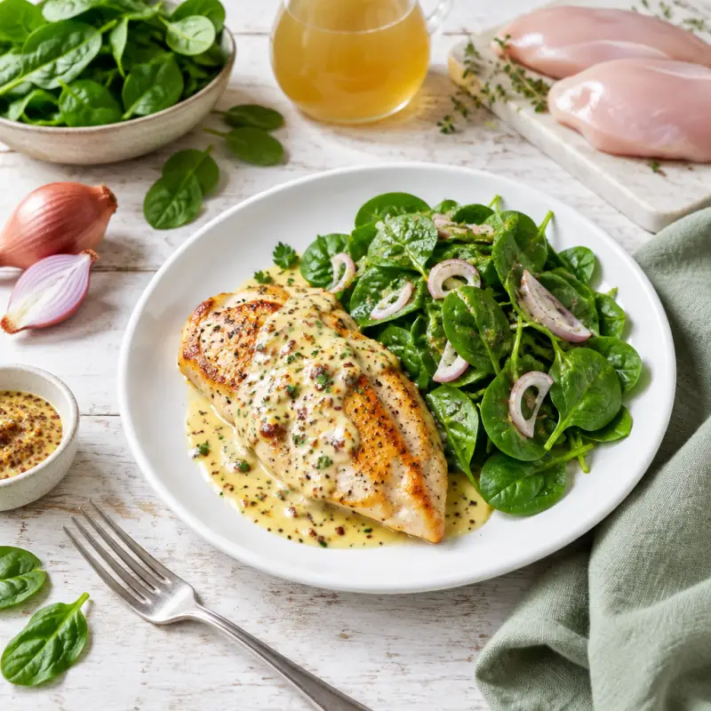 Chicken with Mustard Cream Sauce & Spinach Salad, plated