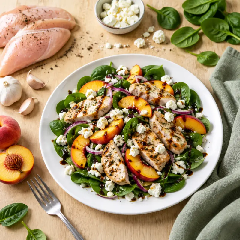 Chicken, Peach & Spinach Salad with Feta & Balsamic Vinaigrette, plated