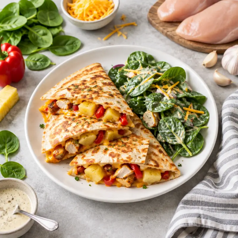 Chicken, Pineapple & Bell Pepper Quesadilla with Creamy Spinach Salad, plated