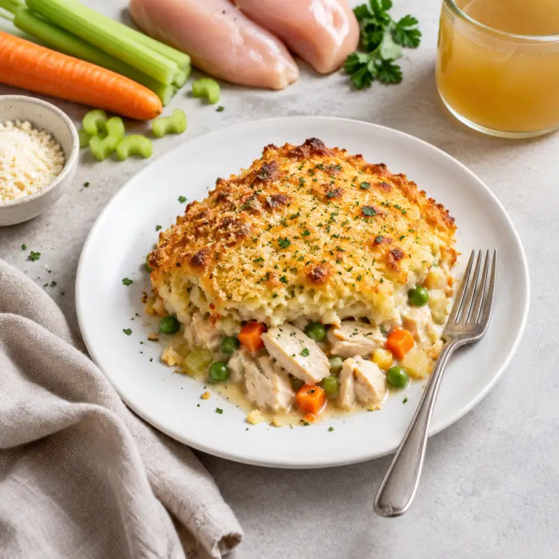 Chicken Pot Pie with Parmesan Potato Crust, plated