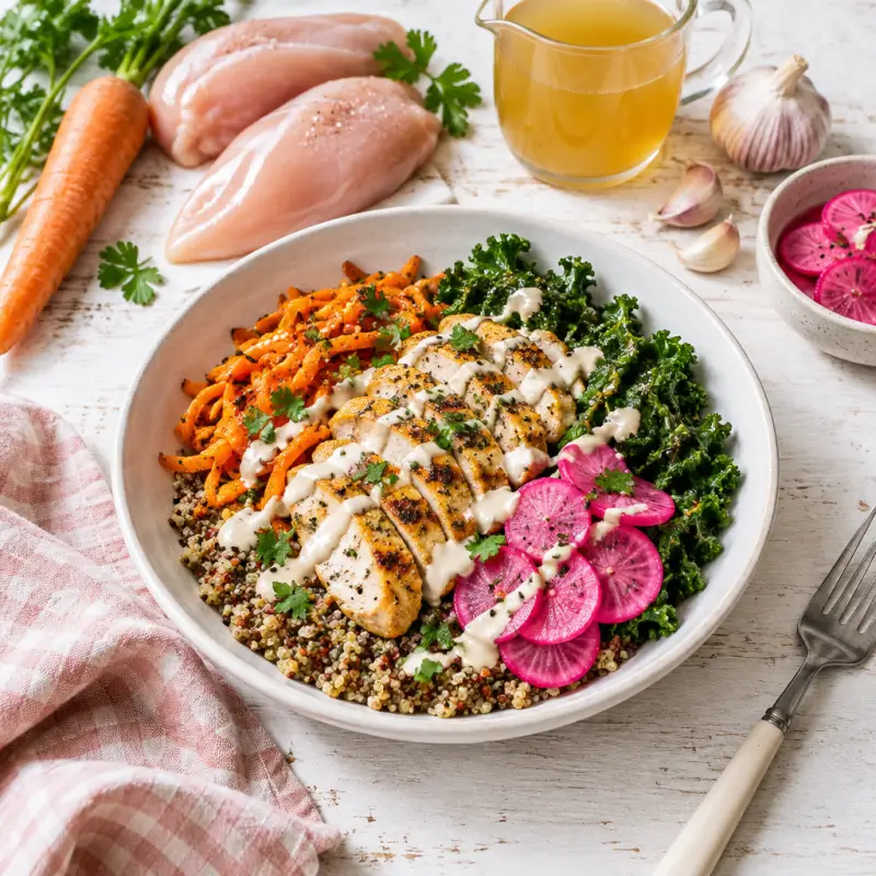 Chicken Quinoa Bowl with Kale, Pickled Radish & Lemon-Tahini Sauce, plated