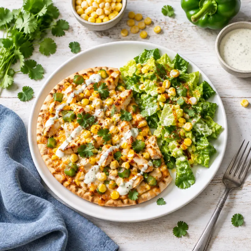 Chicken Ranch Pita Pizza with Corn, Spicy Honey & Romaine Salad, plated
