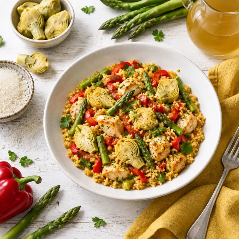 Chicken-Rice "Paella" Bake with Bell Pepper, Asparagus & Artichoke, plated